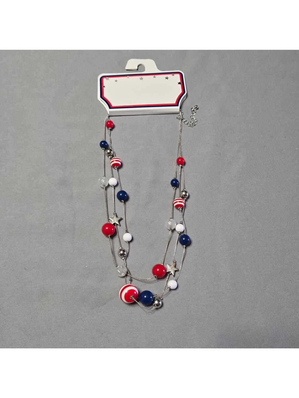 4th of July Americana Multi-Layer Bead & Star Necklace Silvertone
